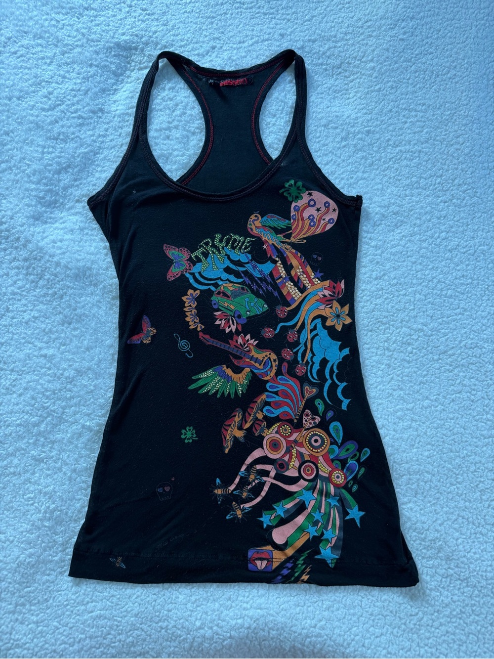 Miss Sixty Black Racerback Tank with Vibrant Multicolor Graphic